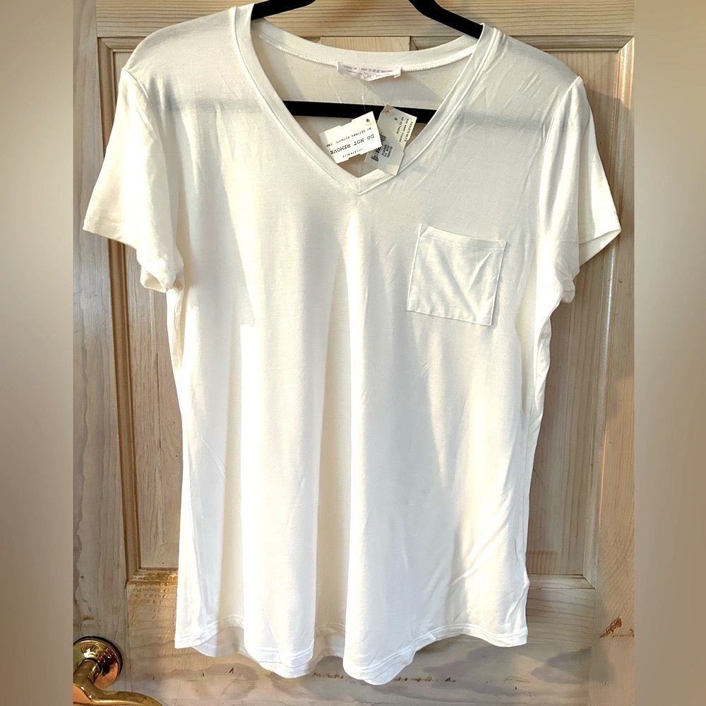Excuse Me, I Have to Go Be Awesome Short Sleeve V-Neck Tee in White. Women’s M